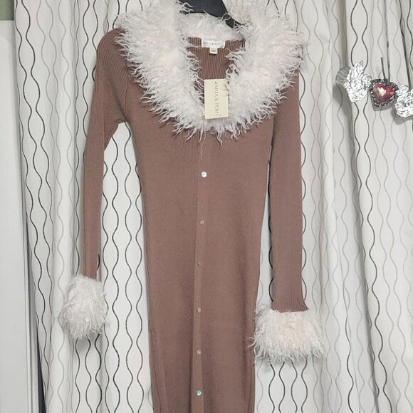 Emma & Posh long, ribbed cardi-dress, faux fur collar/cuffs - Picture 1 of 5